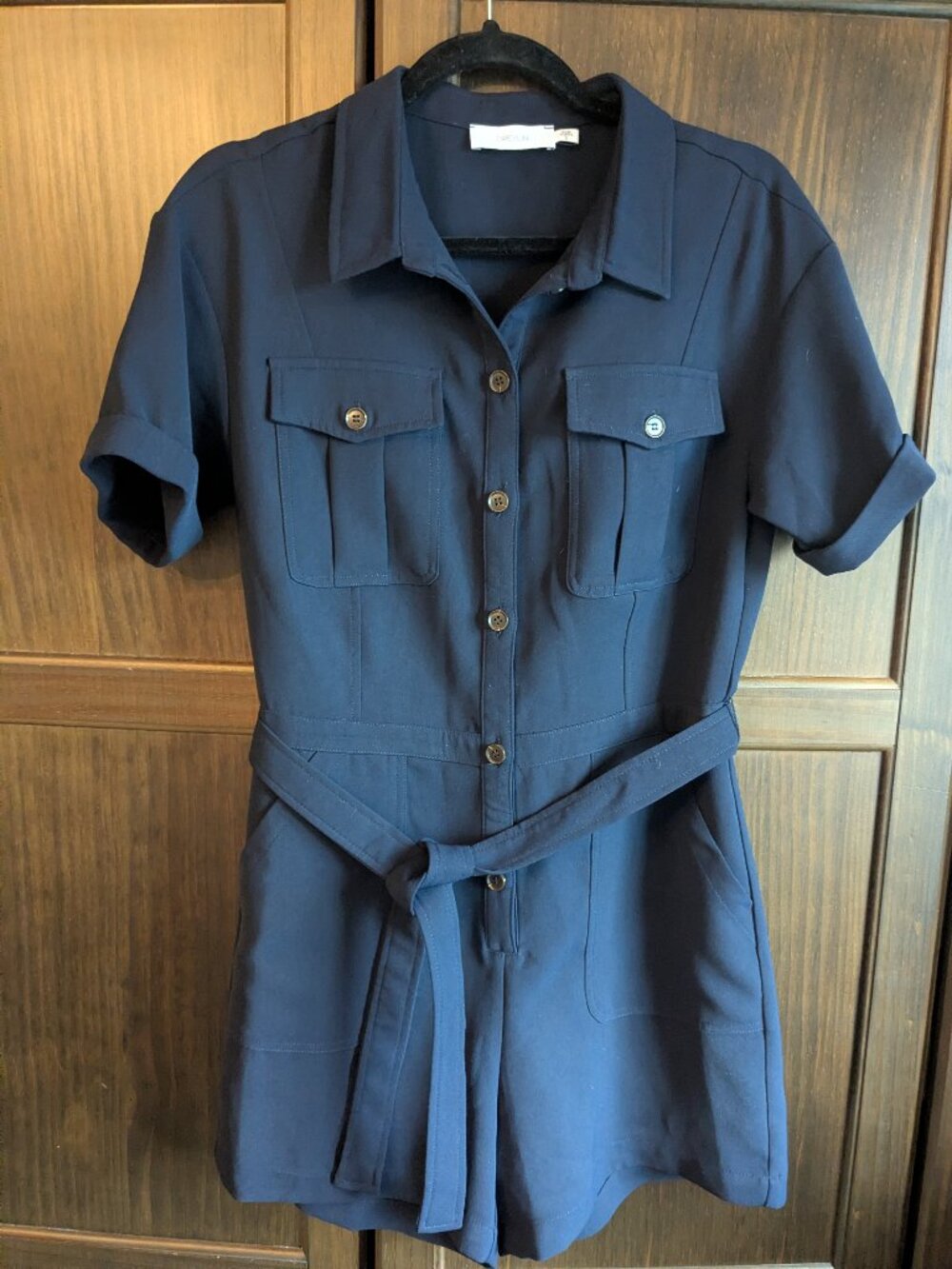 Greylin Navy Button‑Front Belted Romper – Size S